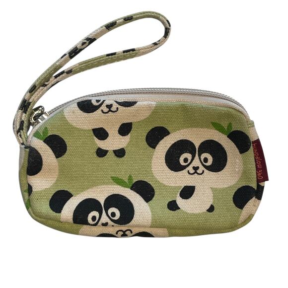 Bungalow 360 Small Wristlet Panda Print Green Black Novelty Canvas Pouch - Picture 1 of 5